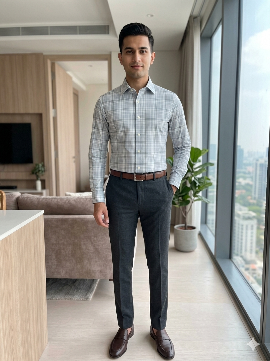 Sky - checkered cotton shirt
