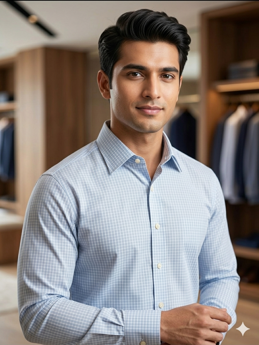 Sky blue - checkered cotton shirt