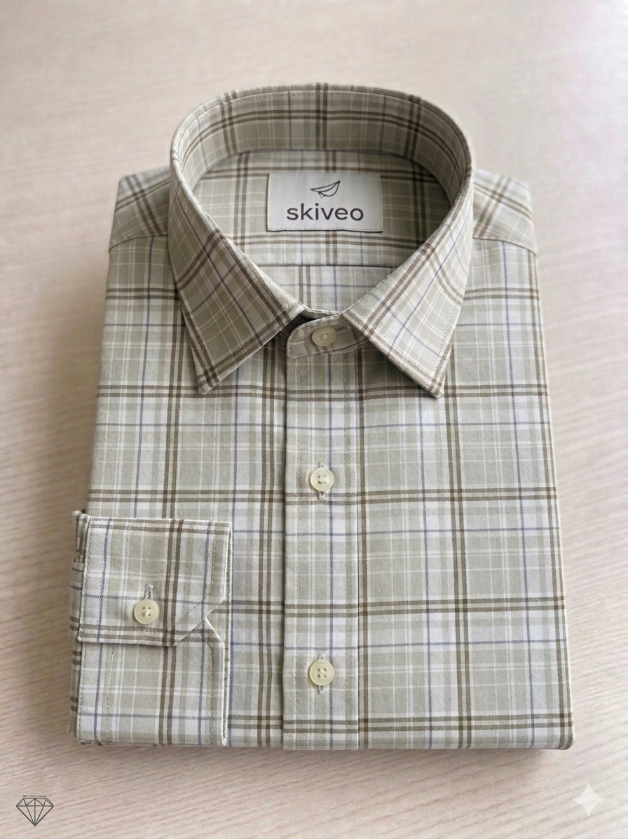 Beige - checkered cotton shirt