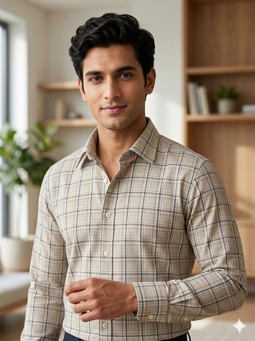 Beige - checkered cotton shirt