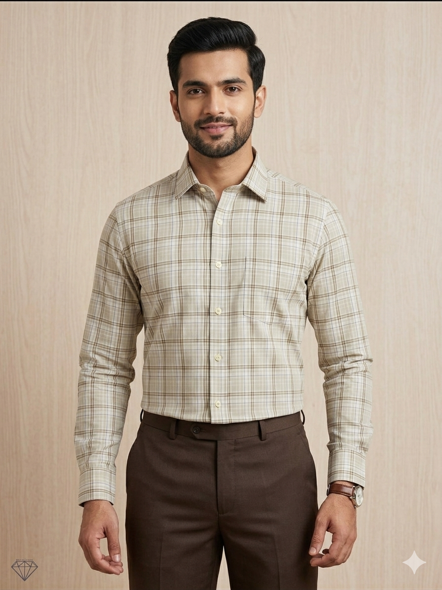 Beige - checkered cotton shirt