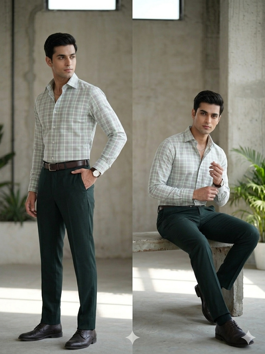 Green - checkered cotton shirt