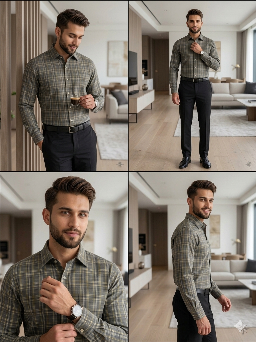 Grey - checkered cotton shirt