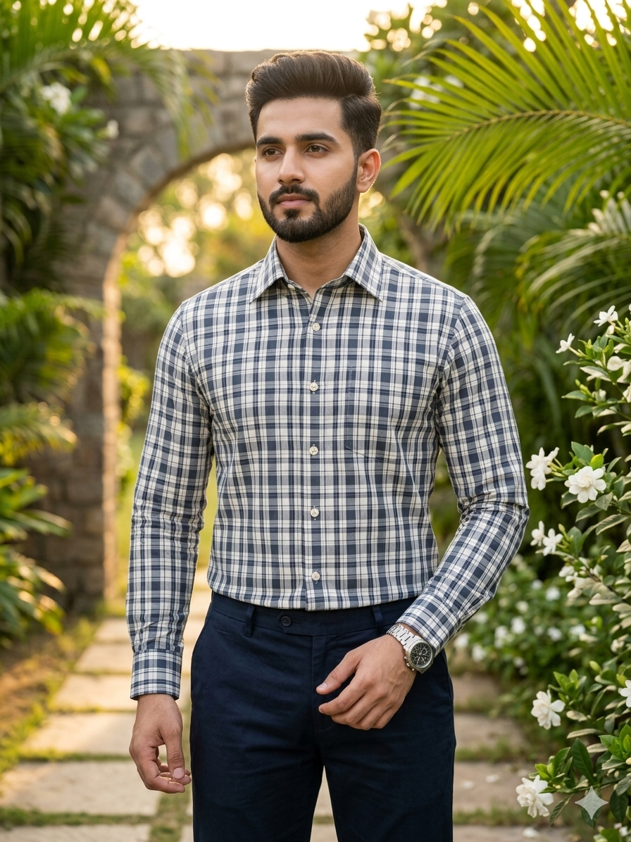 Bluish grey - checkered cotton shirt