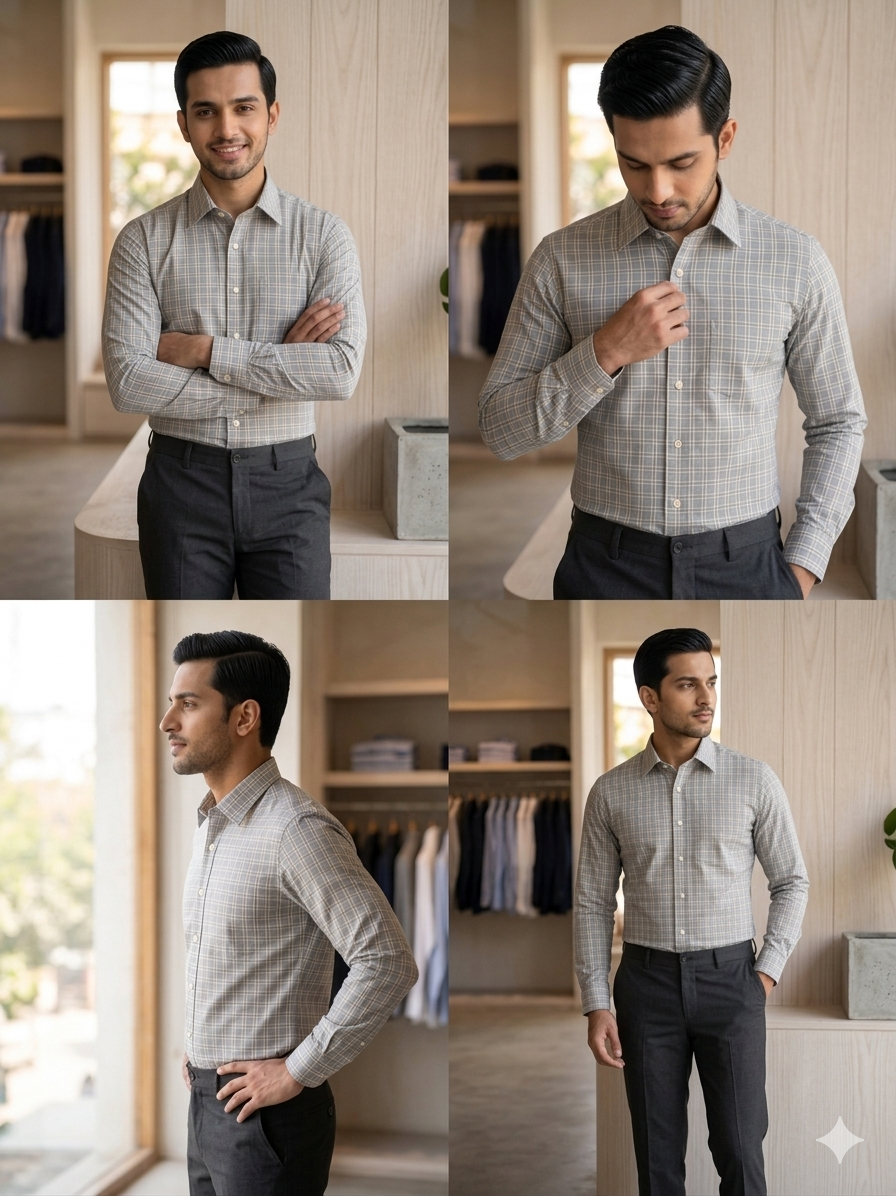 Greyish blue - checkered cotton shirt