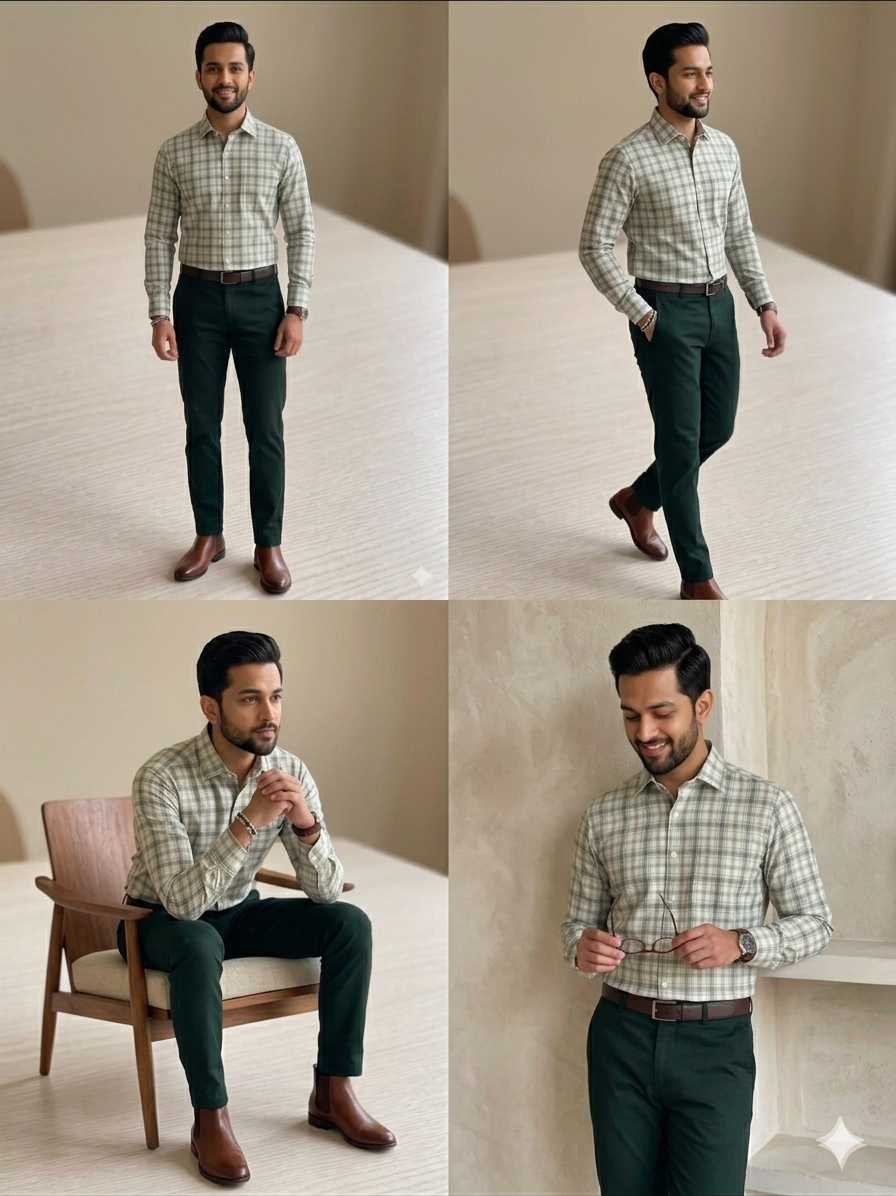 Green - checkered cotton shirt