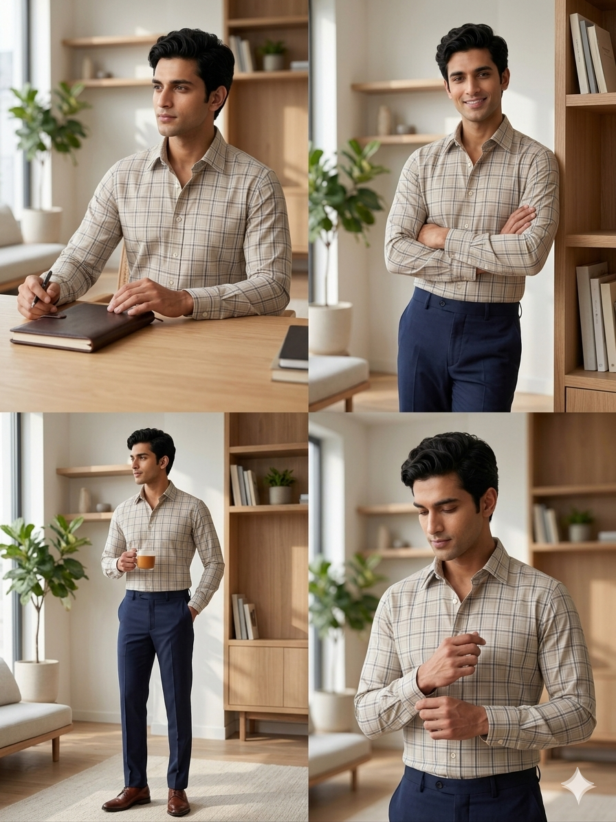 Beige - checkered cotton shirt