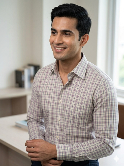 Beige - checkered cotton shirt