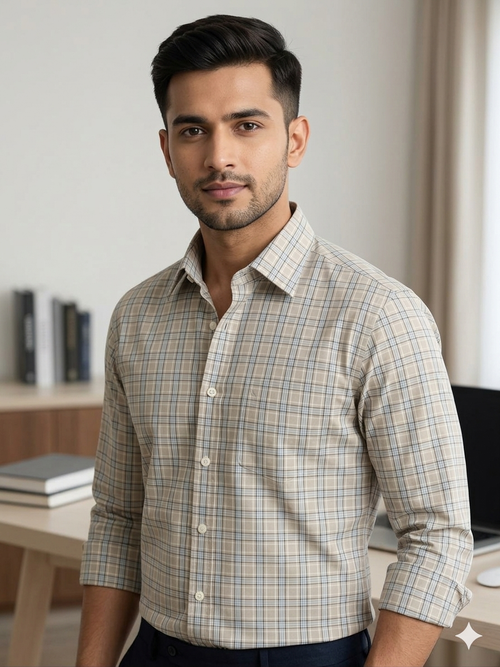 Beige - checkered cotton shirt