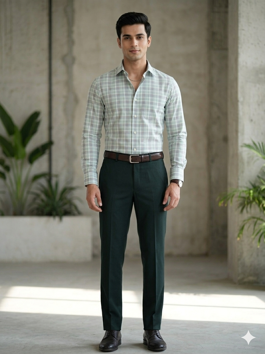Green - checkered cotton shirt