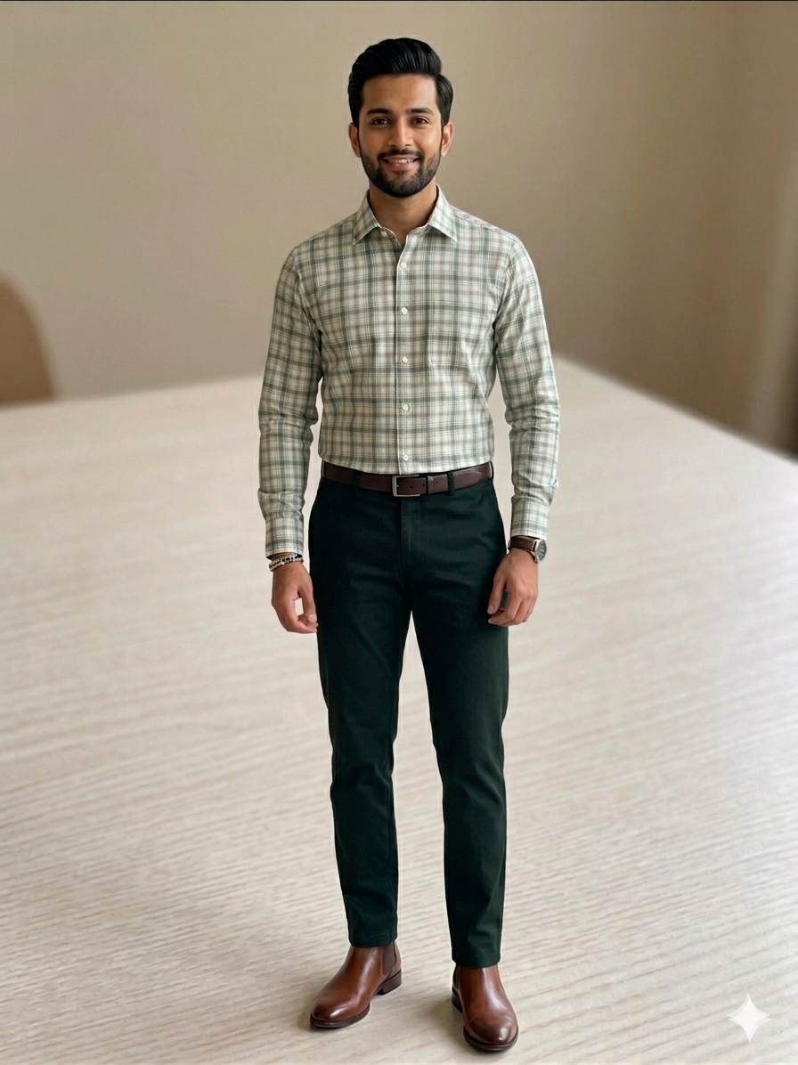 Green - checkered cotton shirt