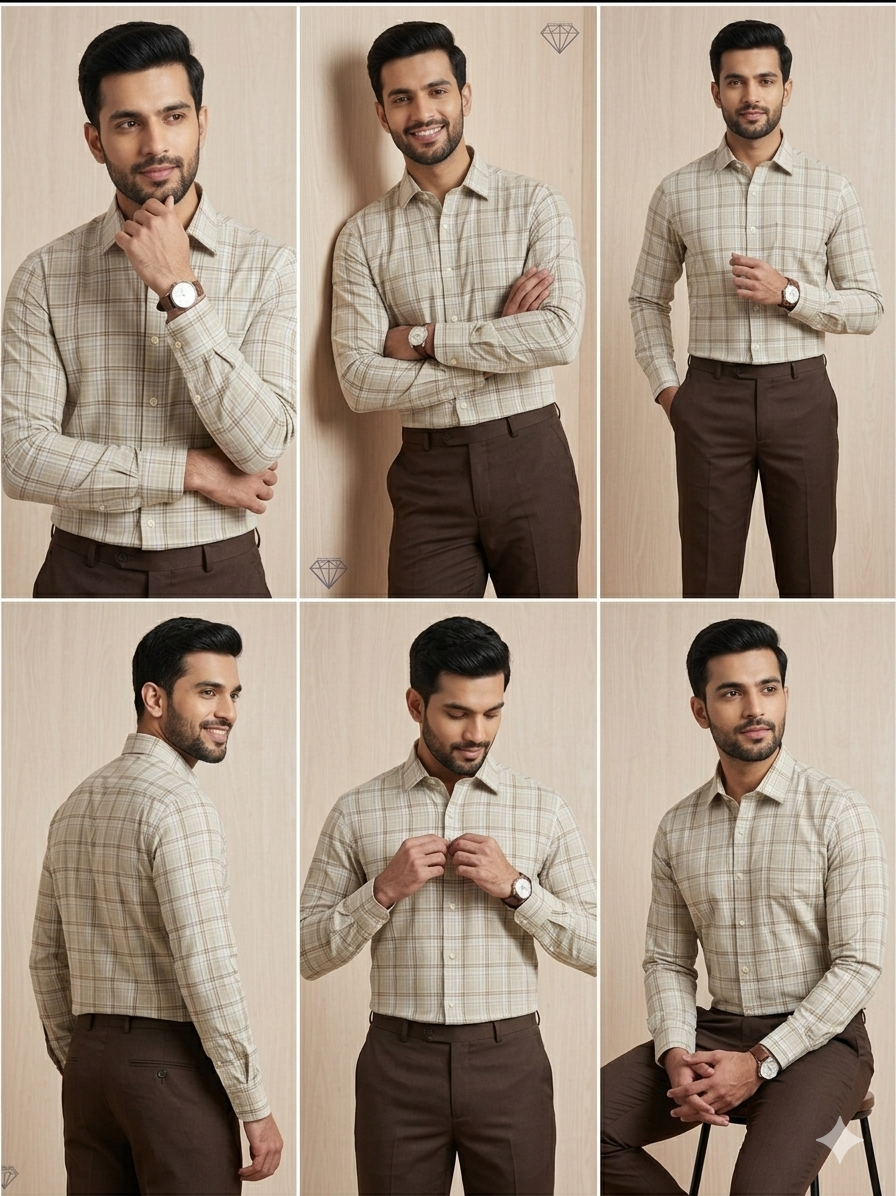 Beige - checkered cotton shirt