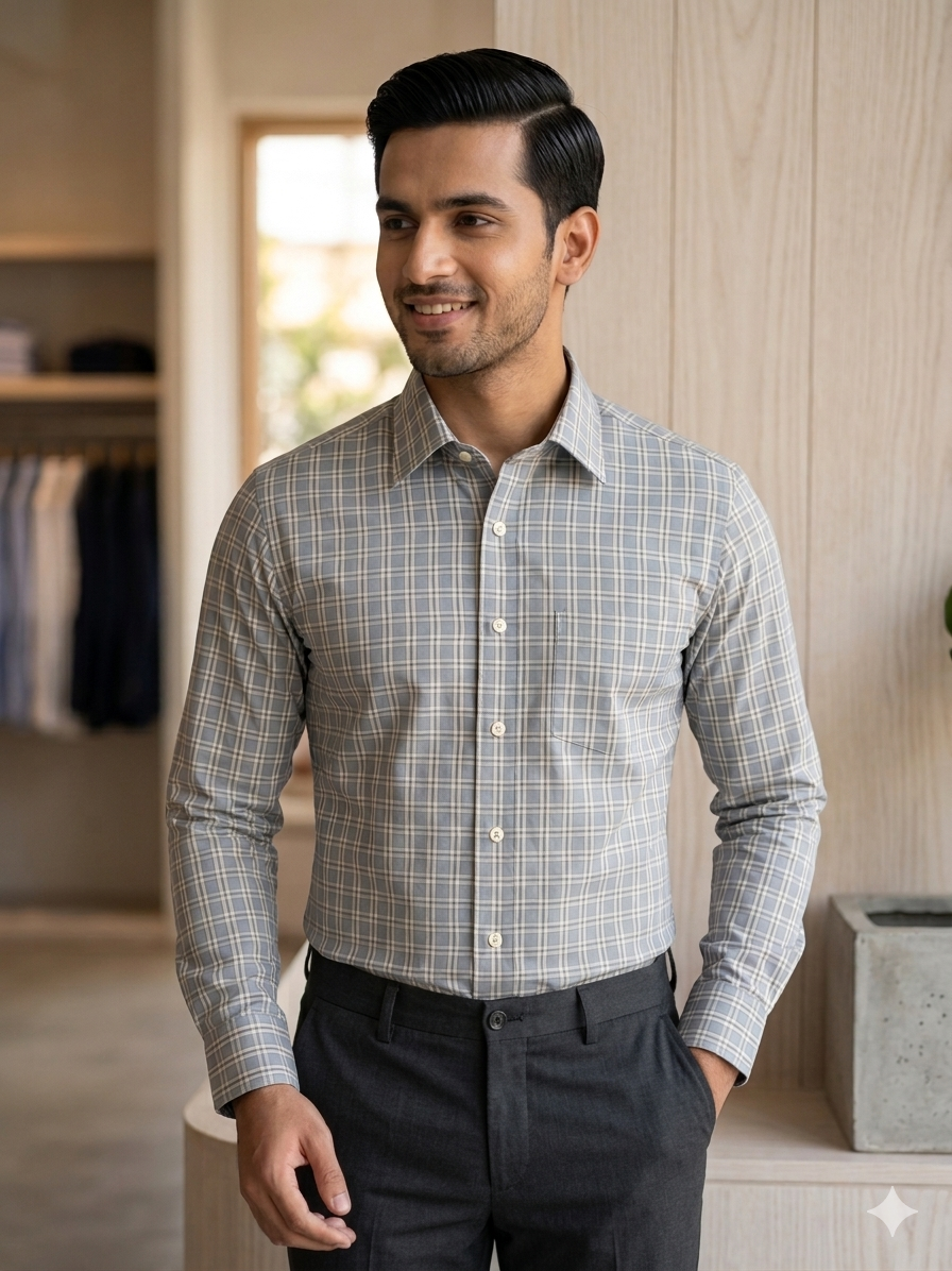 Greyish blue - checkered cotton shirt