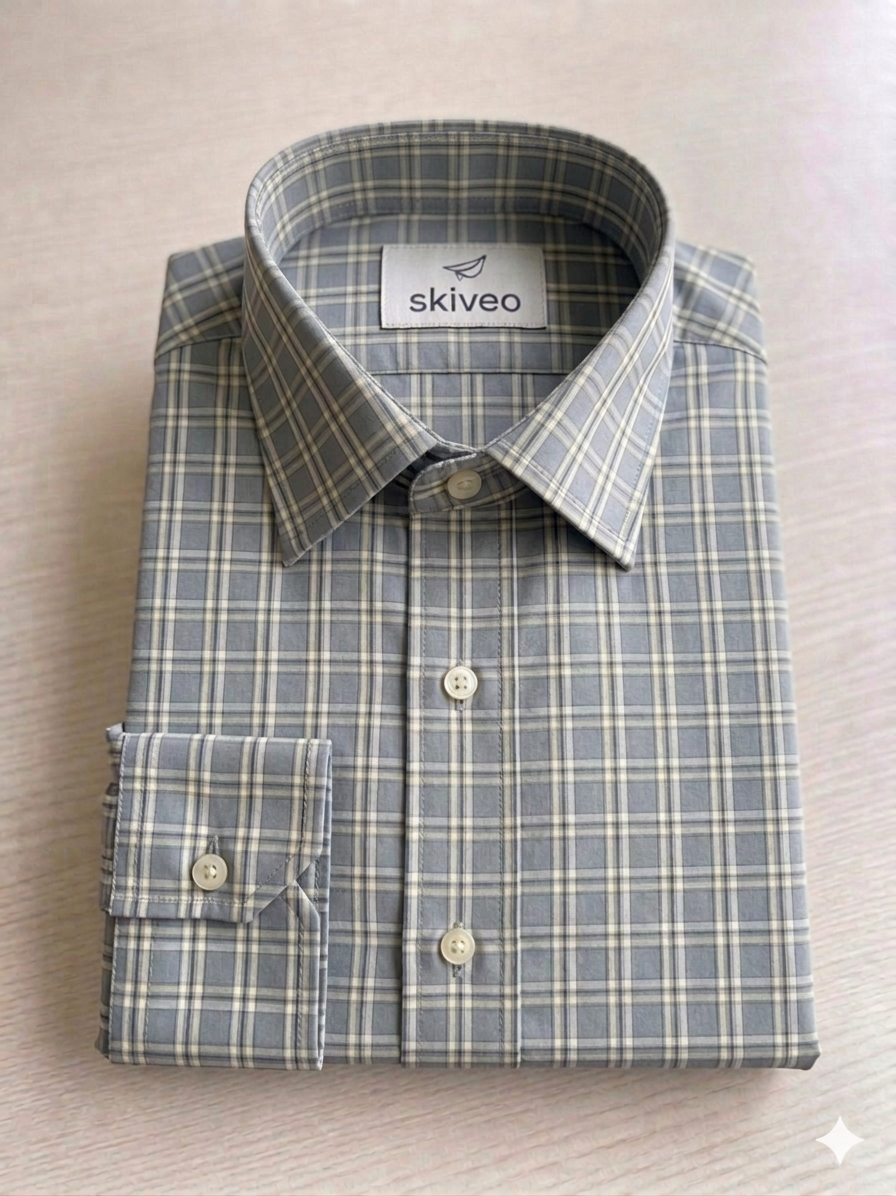 Greyish blue - checkered cotton shirt