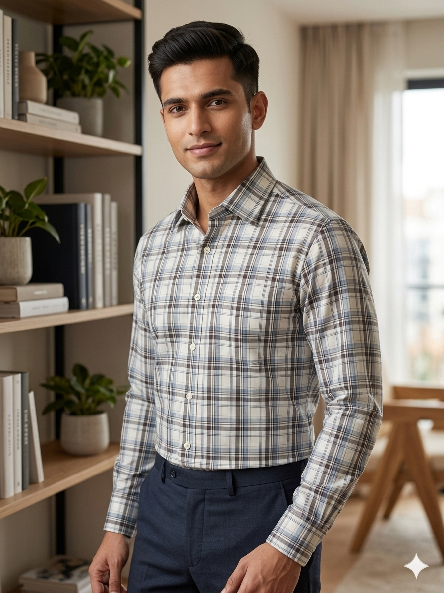 Grey - checkered cotton shirt