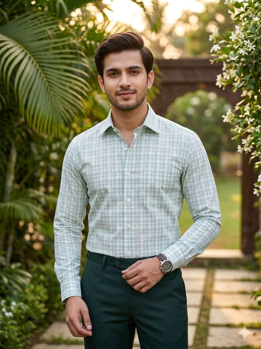 Green - checkered cotton shirt