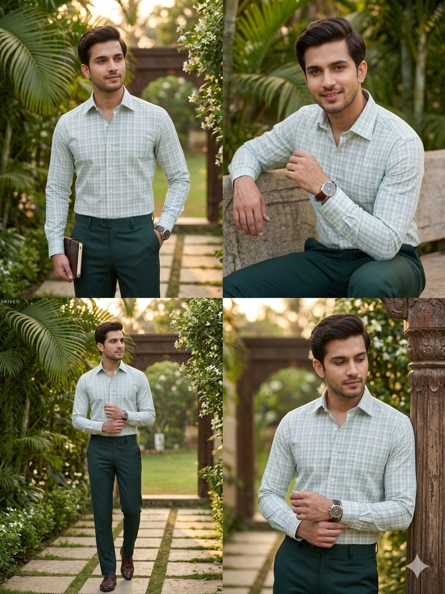 Green - checkered cotton shirt
