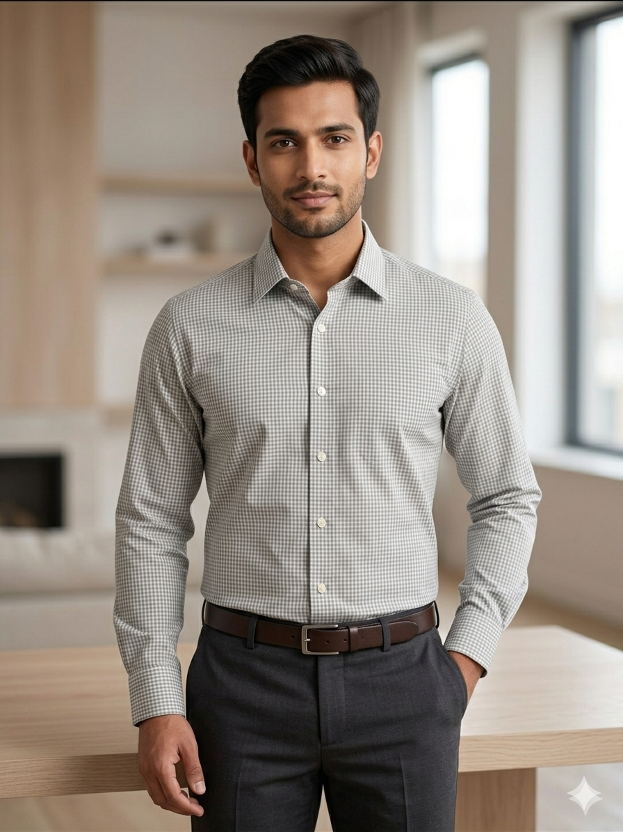 Grey - checkered cotton shirt