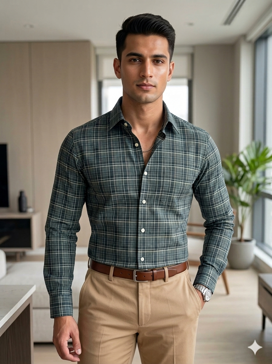 Green - checkered cotton shirt
