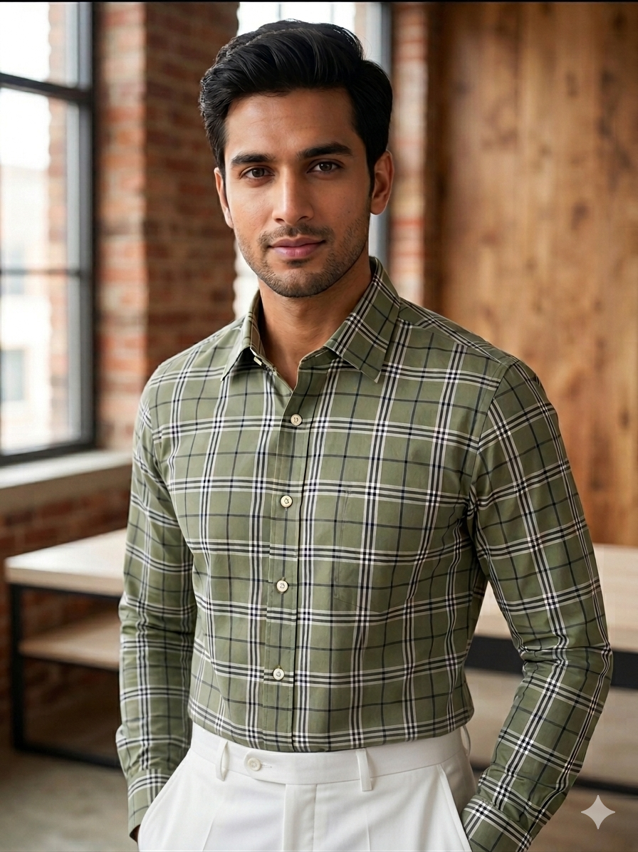 Green - checkered cotton shirt