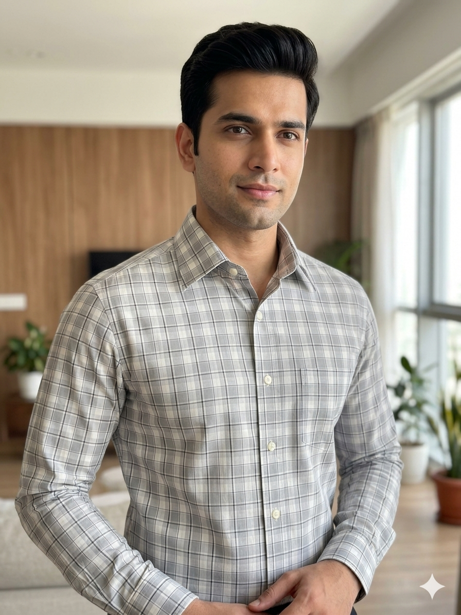 Grey - checkered cotton shirt