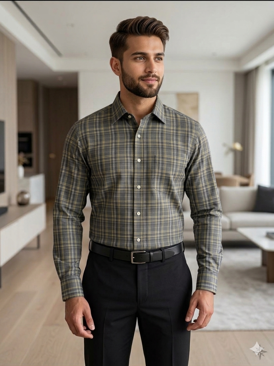 Grey - checkered cotton shirt