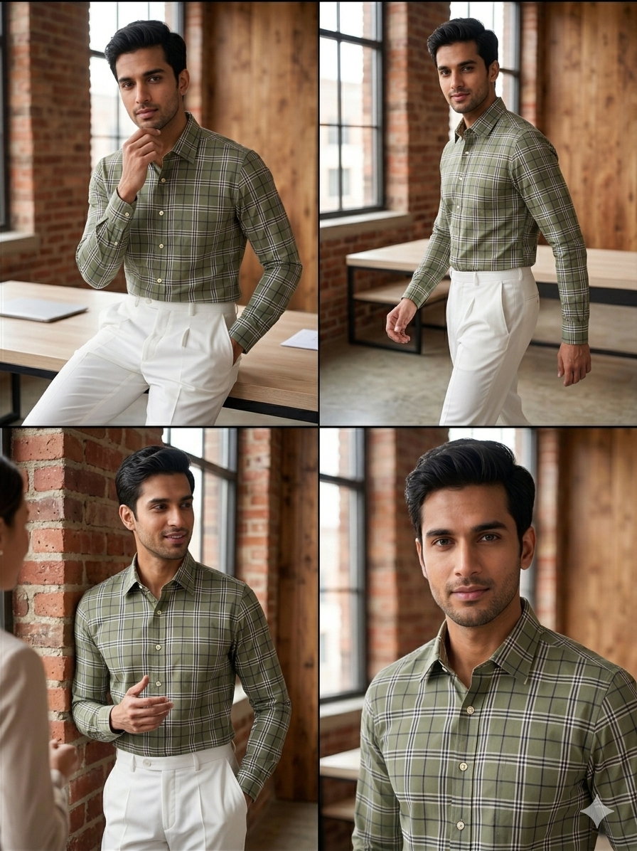Green - checkered cotton shirt