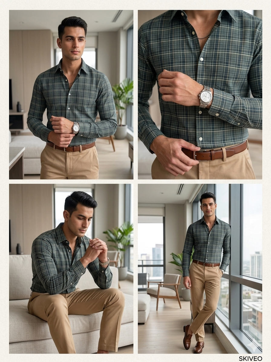 Green - checkered cotton shirt