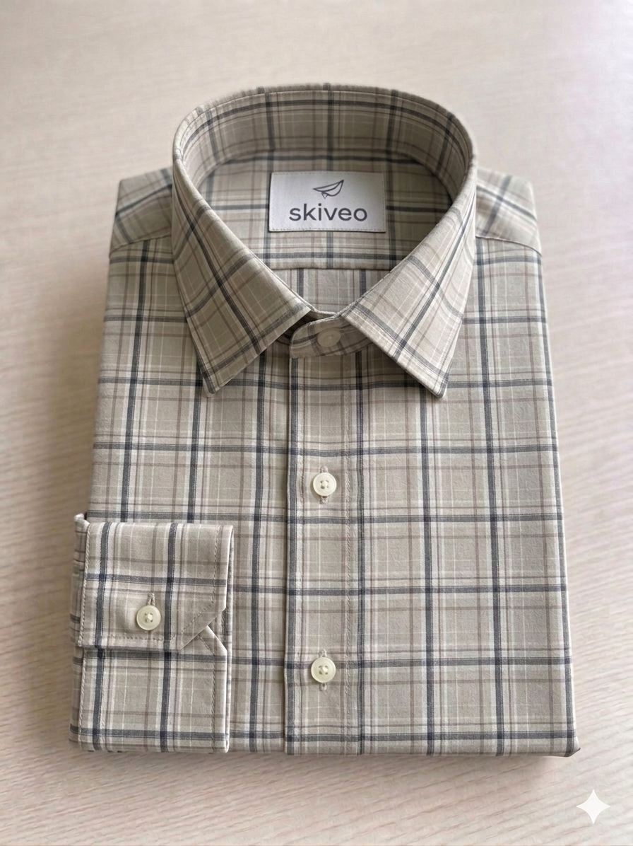 Beige - checkered cotton shirt